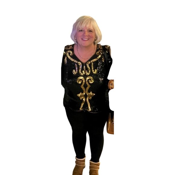 Vintage Royal Feelings Sequin Top Gold Black 4X 100% Silk Short Sleeve 1970's - Picture 6 of 6